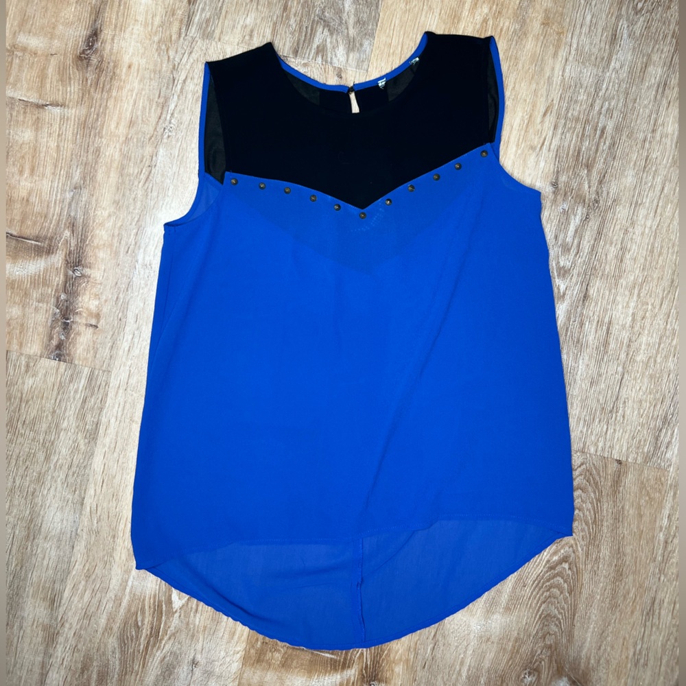 Blue and Black Sleeveless Top, semi sheer with metal grommets. Medium. Flowy.